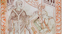 Le pape Grégoire I dictant les chants grégoriens, une colombe sur son épaule représentant l'inspiration divine